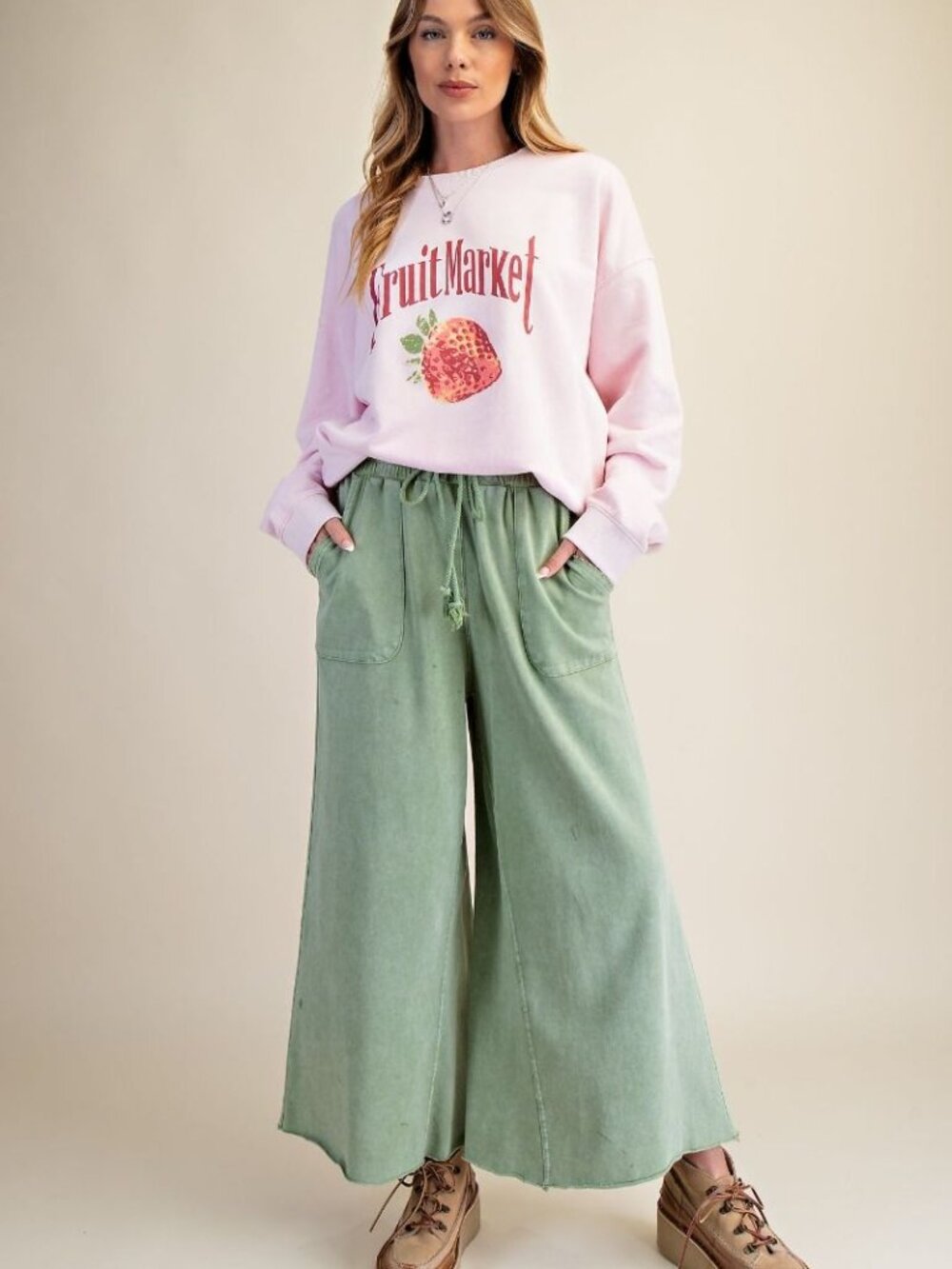 EASEL WASHED TERRY KNIT WIDE PANTS 100% COTTON